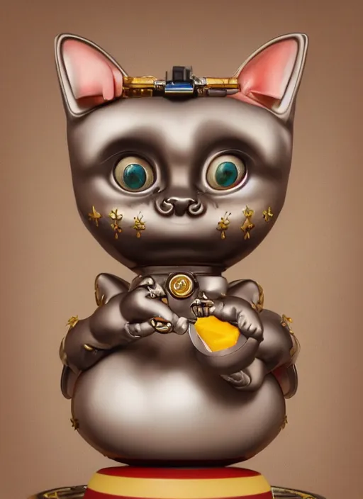 Prompt: closeup portrait of tin toy napoleon cat holding cheese, depth of field, zeiss lens, detailed, symmetrical, centered, fashion photoshoot, by nicoletta ceccoli, mark ryden, lostfish, earl nore, hyung tae, frank frazetta, breathtaking, 8 k resolution, extremely detailed, beautiful, establishing shot, artistic, hyperrealistic, octane render