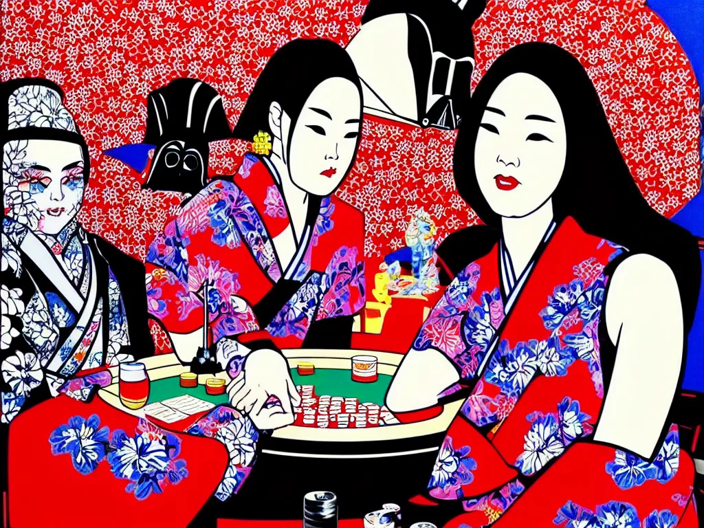 Image similar to hyperrealistic composition of the detailed woman in a japanese kimono sitting at a poker table with detailed darth vader, fireworks, mount fuji on the background, pop - art style, jacky tsai style, andy warhol style, acrylic on canvas