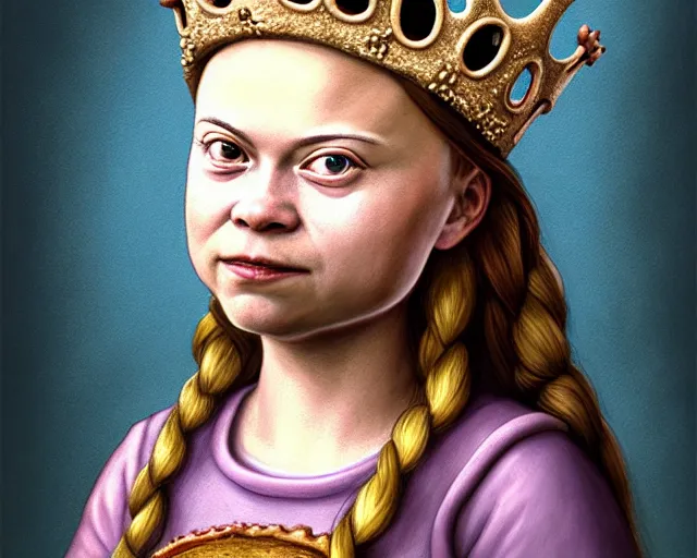 Image similar to closeup profile medieval bosch portrait of greta thunberg as a fairytale princess wearing a crown eating cakes in the castle kitchen, nicoletta ceccoli, mark ryden, lostfish, max fleischer, hyper realistic, artstation, illustration, digital paint, matte paint, vivid colors, bright, cheerful, detailed and intricate environment