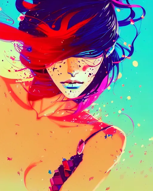 Prompt: a ultradetailed beautiful panting of a woman with a colorful explosion coming out of her hair, by conrad roset, greg rutkowski and makoto shinkai, trending on artstation