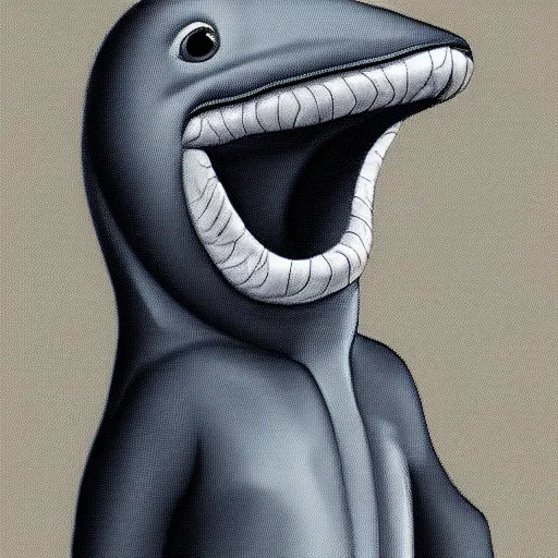 Image similar to An anthropomorphic grey dolphin wearing a white lab-coat, digital painting, close-up