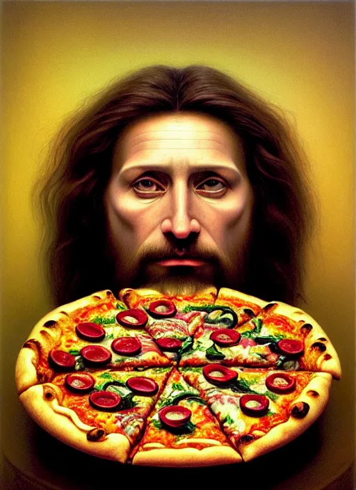 Image similar to hyper detailed 3d render like an Oil painting - Portrait of Jesus Christ eating pizza by Jacek Yerka, Mariusz Lewandowski, Houdini algorithmic generative render, Abstract brush strokes, Masterpiece, Edward Hopper and James Gilleard, Zdzislaw Beksinski, Mark Ryden, Wolfgang Lettl, hints of Yayoi Kasuma, octane render, 8k