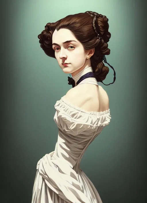 Image similar to 3 / 4 view of a portrait of woman in victorian clothing, confident pose, intricate, elegant, sharp focus, illustration, highly detailed, concept art, matte, trending on artstation, anime, art by james jean and artgerm and brian despain and alberto mielgo, ilya kuvshinov, dramatic lighting, gothic, haunted, art nouveau