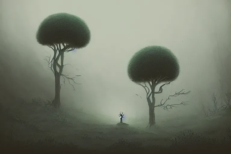 Image similar to “over the garden wall, illustration, 8k, digital masterpiece, gloomy, atmospheric fog, highly detailed”