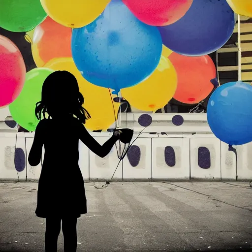 Prompt: a girl holding a balloon at a fairground. buildings with graffiti in the background. silhouette. photograph in the style of simon stalenhag