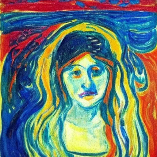 Image similar to queen of the dreamlands, beautiful! coherent! by edvard munch, deep colors, strong lines, high contrast