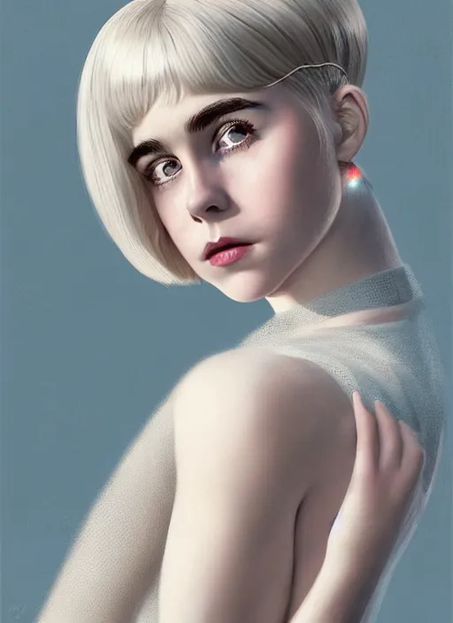 Image similar to portrait of kiernan shipka with freckles, white hair, 1 9 6 0 s bob hairstyle, hairstyle with bangs, 1 9 6 0 s bob hair with bangs and hairband, intricate, elegant, glowing lights, highly detailed, digital painting, artstation, concept art, smooth, sharp focus, illustration, art by wlop, mars ravelo and greg rutkowski