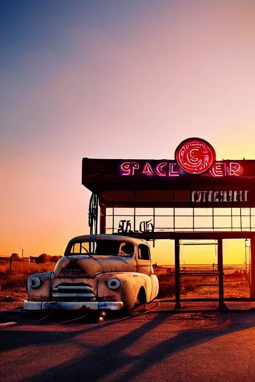 Image similar to a sunset light landscape with historical route 6 6, lots of sparkling details and sun ray ’ s, blinding backlight, smoke, volumetric lighting, colorful, octane, 3 5 mm, abandoned gas station, old rusty pickup - truck, beautiful epic colored reflections, very colorful heavenly, softlight