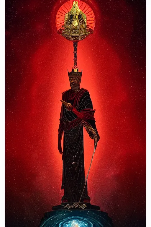 Prompt: the emperor tarot card, the crowned embodiment of male power holding the symbol of his power sits on a lavish red throne ruling with wisdom and care, 8 k resolution digital painting, by alena aenami, by michael whelan, behance hd, trending on artstation deviantart