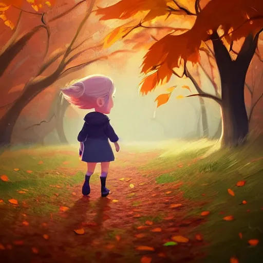 Prompt: samantha mash ilustration a beautiful little girl smiling, walking calmly through an autumn forest, style by goro fujita, character art, sharp focus, highly detailed, artstation