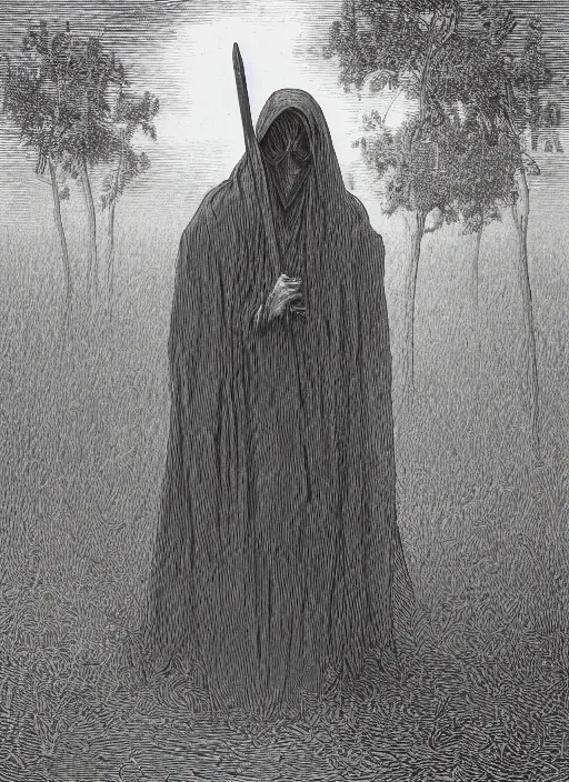 Image similar to portrait of faceless grim reaper with veil over face at distance in beautiful meadow of flowers, detailed pencil illustration by gustave dore, highly detailed, centered, high resolution, smooth, sharp focus, illustration