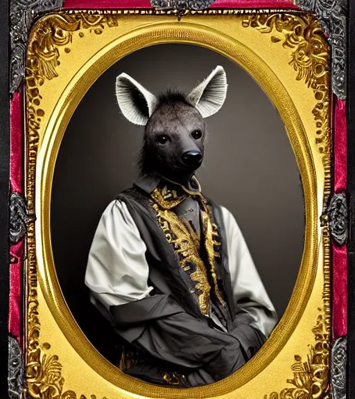 Image similar to professional studio photo portrait of anthro anthropomorphic spotted hyena head animal person fursona wearing elaborate pompous royal king robes clothes gold frame by Louis Daguerre daguerreotype tintype