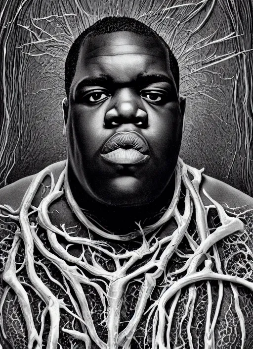 Prompt: portrait of the Notorious BIG with translucent skin, visible muscles and veins and arteries and bones and spines and nerves, beautiful detailed intricate insanely detailed octane render, 8k artistic photography, photorealistic, chiaroscuro, by David Cronenberg, Raphael, Caravaggio