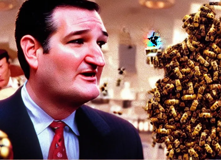 Image similar to ted cruz spitting out bees as the candyman, movie still, from the candyman 1 9 9 2 movie, 8 k, realistic