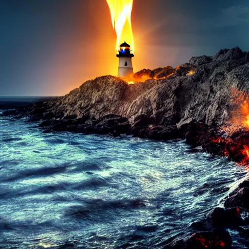 Image similar to a lighthouse in hell. 4 k dannated people. fire. light. cinematic. rule of thirds. realistic.