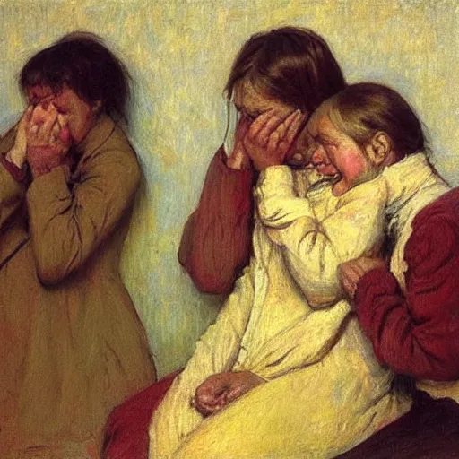 Prompt: A painting of a family crying in the style on Ilya Repin