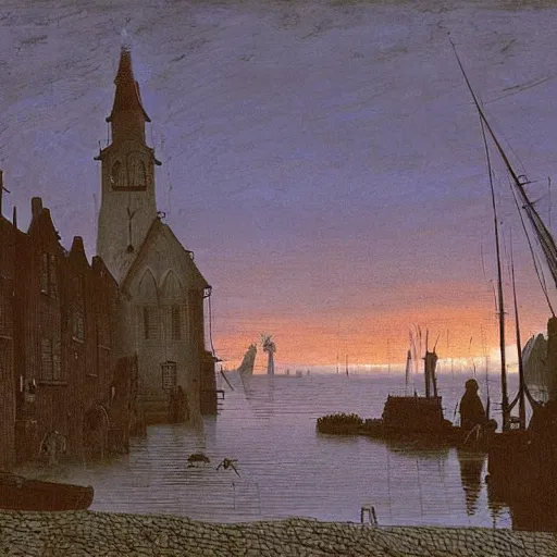 Image similar to innsmouth, wanderer, fishpeople, fishing town, church, night, dramatic light, lovecraft, painted by caspar david friedrich