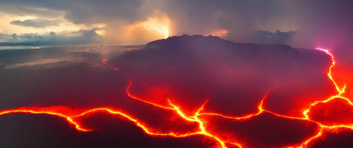 Prompt: lava flowing trough the amazone lightning clouds, sunset, mountains, 4 k, hd, explosive, colorfull