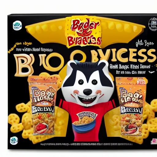 Prompt: A box of Badger Bites cereal, featuring the cereal mascot, Bruce the Badger