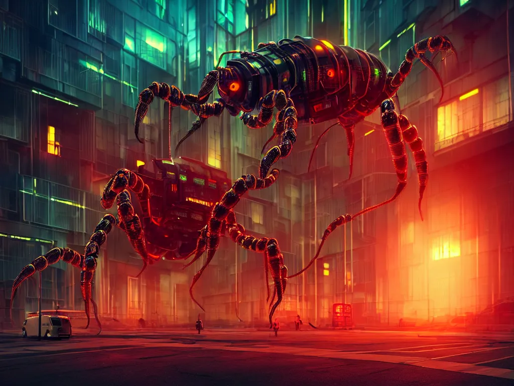 Image similar to A frightening gigantic evil robot scorpion in a futuristic city with pipes and tubes and wires, hyperealistic very colourful hdr cinematic lighting cgi render photorealistic cinematic octane render