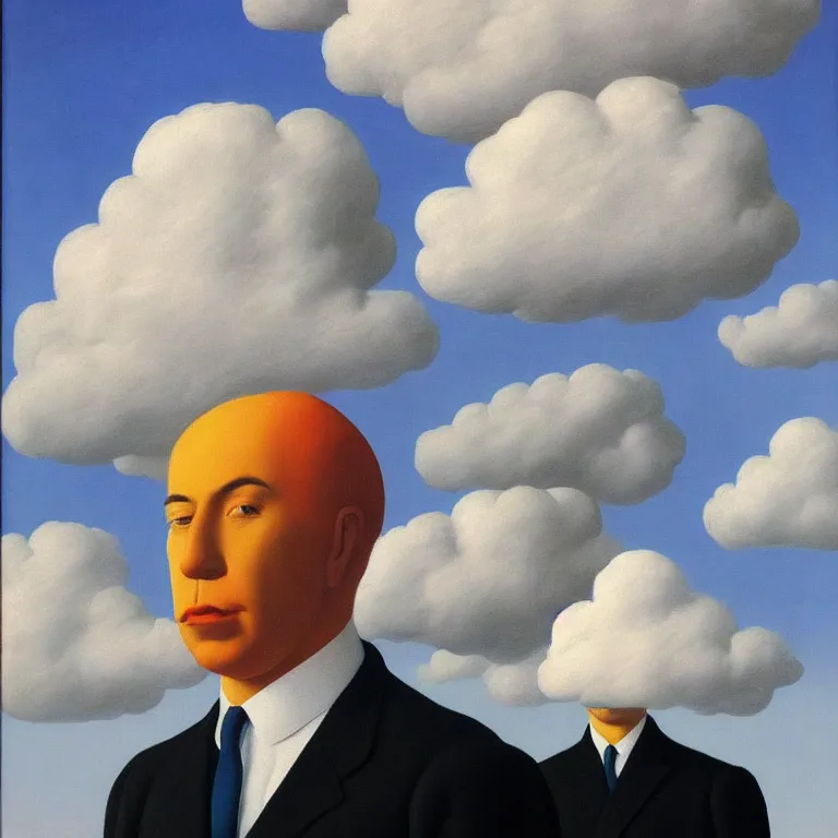 Image similar to portrait of a cloud man by rene magritte, detailed painting, hd, hq, high resolution, high detail, 4 k, 8 k