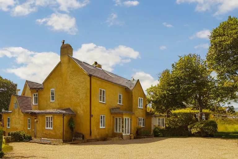 Image similar to an estate agent listing external photo of a golden 5 bedroom detached house, made of gold, metal, golden, sparkling, in the countryside, sunny day, clear skies, by Paul Lehr