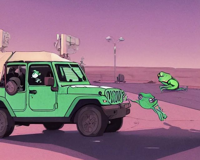 Prompt: a study of cell shaded cartoon frog driving a jeep on a desert road, street lamps, road, illustration, wide shot, subtle colors, post grunge, concept art by josan gonzales and wlop, by james jean, victo ngai, highly detailed, sharp focus, trending on artstation, hq, deviantart, art by artgem