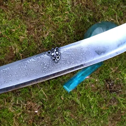 Image similar to a sword with its blade made of water and a silver handle with a blue gem on it