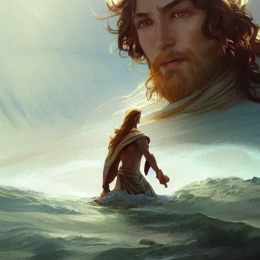 Image similar to Moses crossing a sea, highly detailed, digital painting, artstation, concept art, sharp focus, illustration, art by artgerm and greg rutkowski and alphonse mucha