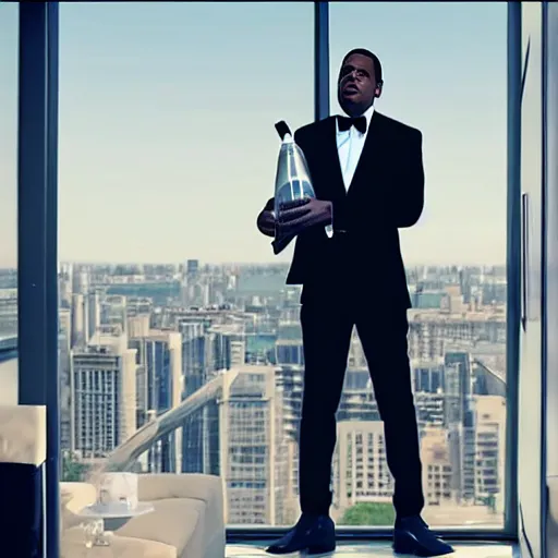 Image similar to cinematic shot of jay - z wearing a suit and standing in a fancy penthouse holding a jug of milk, 8 k, very detailed, very intricate,