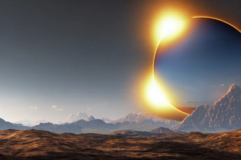 Image similar to surreal nuclear blast eclipse, rocky mountains, highly detailed, photorealistic shot, bright studio setting, studio lighting, crisp quality and light reflections, unreal engine 5, quality render