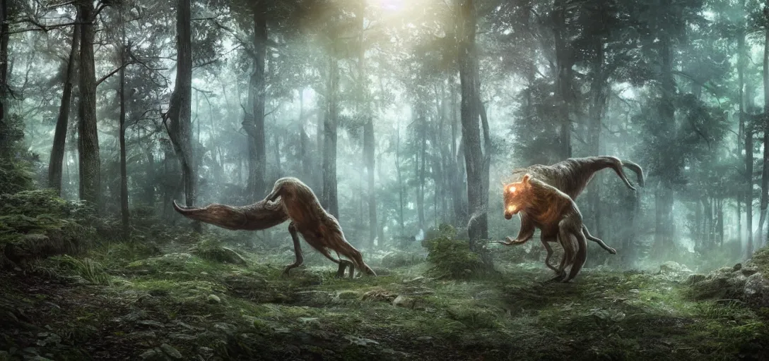 Image similar to A beautiful hyper realistic ultra detailed lifelike matte painting of a skinwalker transformation in a forest, unreal engine, deviantart, flickr, artstation, octane render, textured, colorful, extreme realistic detail, physically based rendering, pbr render, very detailed, volumetric lighting, detailed lighting, octane render, 4k, cinematic lighting, 8k resolution