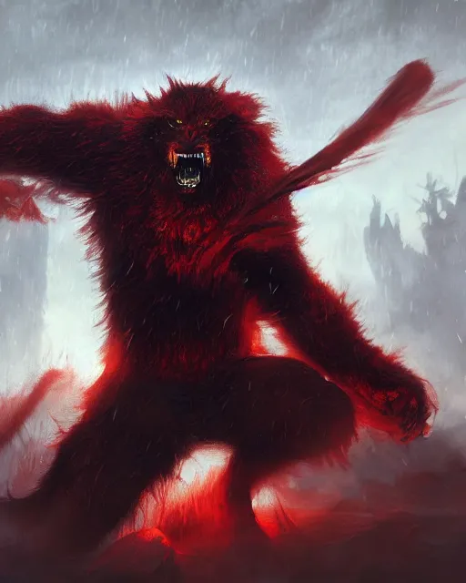 Image similar to oil painting of Angry Werewolf Berserker Beast, wearing red fur, claws, sharp focus, attack pose, fantasy style, octane render, volumetric lighting, 8k high definition, by greg rutkowski, highly detailed, trending on art Station, magic the gathering artwork, burning Battlefield background, centered