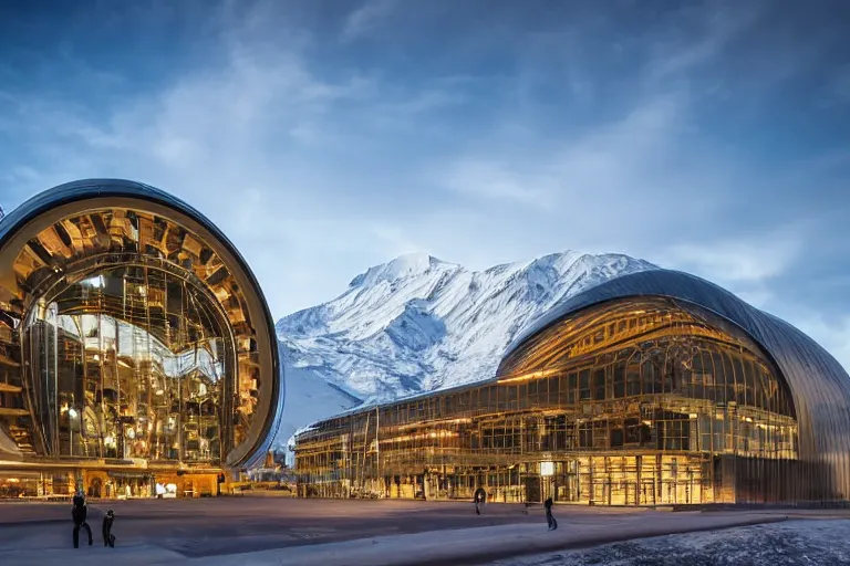 Image similar to architecture photo modern fachwerk opera building settlement with Elbrus mountain on the background, architecture, photorealism 8k , shining and happy atmosphere, uplight, high details