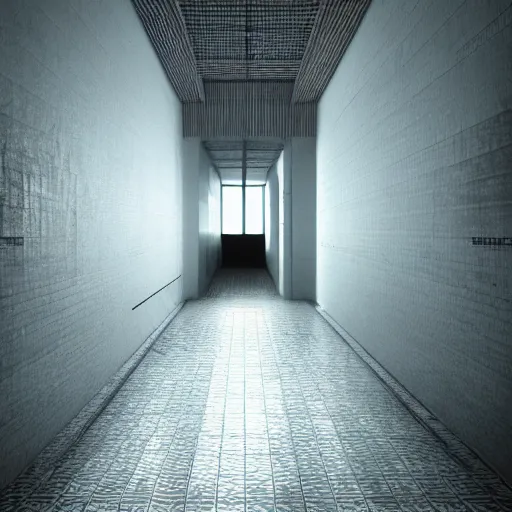 Image similar to photo of a vast interior space of irregular rooms and corridors, bizarre architecture. ceramic white tiles on all the walls. the floor is flooded with one meter deep water. eerie, volumetric lighting