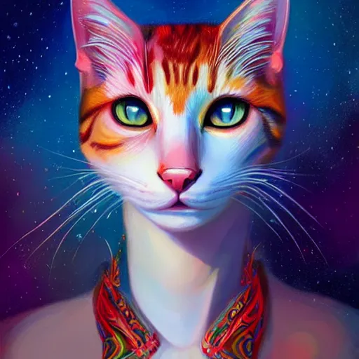 Image similar to colorful and festive cat. rich vivid colors, ambient lighting, dynamic lighting, 4 k, atmospheric lighting, painted, intricate, highly detailed by charlie bowater