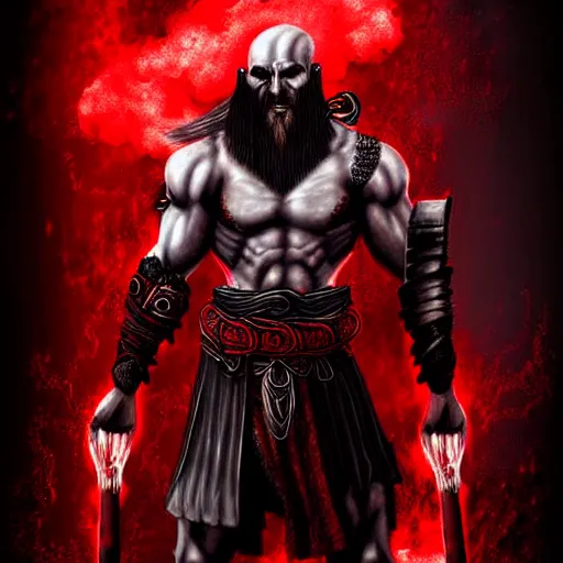 Image similar to epic chthonic ancient warrior Kratos black veins red demonic eyes, red smoke on the background by Boris Valejio, high detailed digital art