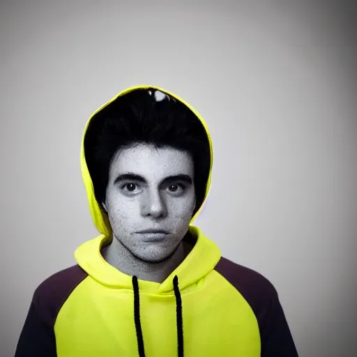 Image similar to a fine art portrait of a young man with black hair and an asymmetrical face. He has visible Bags under his eyes. He is wearing a high vis hoodie. In the style of Stanley Kubrick and Wes Anderson, Art directed by Edward Hopper.