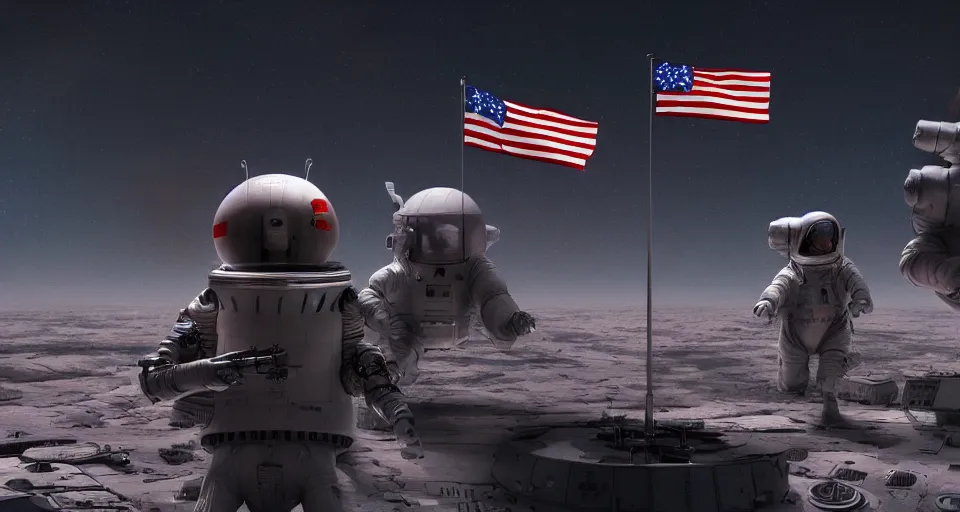 Image similar to space war between china and usa, desaturated, moebius, china flag, usa flag, complementing colors, maschinen krieger, beeple, film, atmospheric perspective