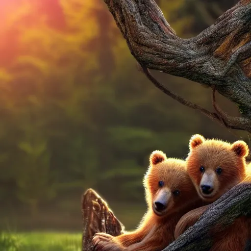 Image similar to a very very beautiful closeup picture of three cute bear cubs with very happy faces sitting inside a tent in the woods, sunset, vivid colors, soft lighting, atmospheric, cinematic, moody, trending on artstation, oil on canvas, 8K