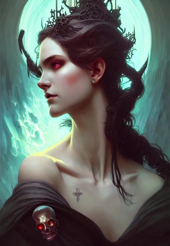 Image similar to Necromancer Sorceress, fantasy magic, undercut hairstyle, dark light night, intricate, elegant, sharp focus, illustration, highly detailed, digital painting, concept art, matte, art by WLOP and Artgerm and Greg Rutkowski and Alphonse Mucha, masterpiece