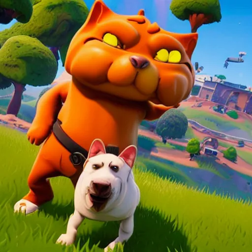 Prompt: a anthropomorphic cat playing Fortnite with a anthropomorphic dog, Garfield cartoon, Jim Davis