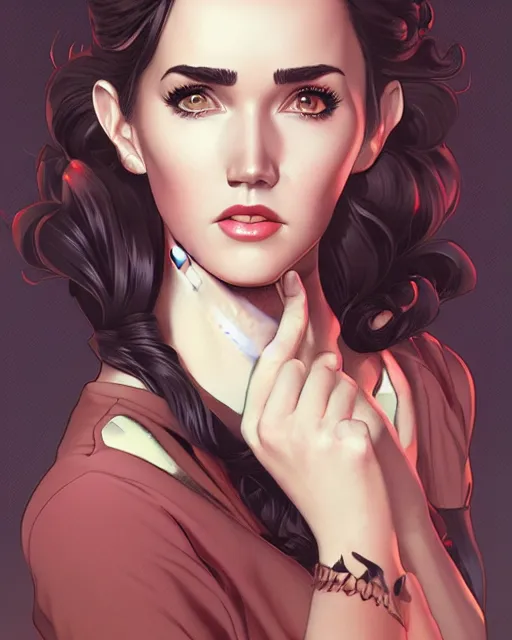 Image similar to a pin up and beautiful fashion charming dreamlke jennifer connelly, symmetrical face symmetrical eyes, character art, art by artgerm lau and wlop and and ilya kuvshinov and john singer sargent, joshua middleton comic art, frostbite 3 engine