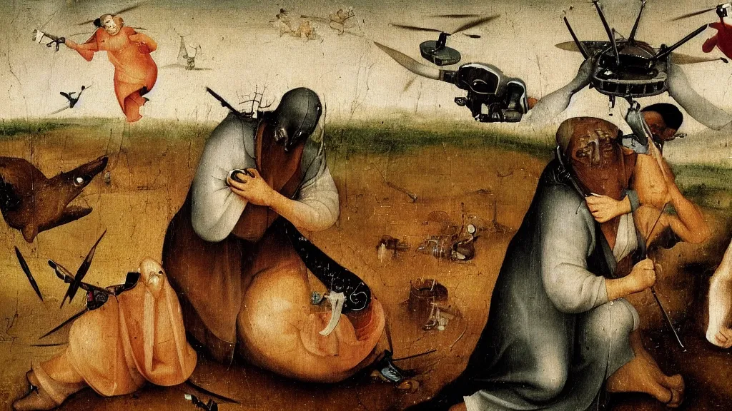 Image similar to a drone attack to innocent villager, close-up villager terrified by drone, in the fashion of Hieronymus Bosch, oil on canvas, painting, 4k