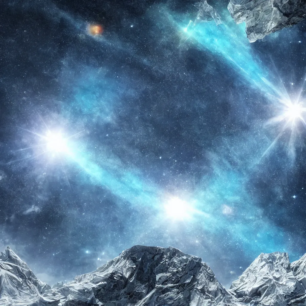 Image similar to vertical, mountains, limit, universe, galaxy, upwards, photo, blue sky, realistic, highly detailed, cinematic, glowing ice comets falling down