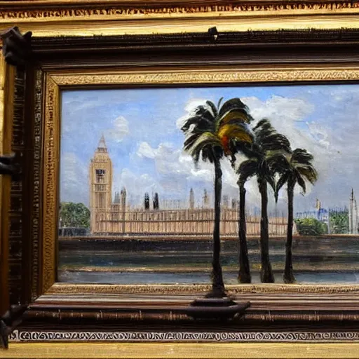 Prompt: Houses of Parliament with palm trees, traditional oil painting by Constable, detailed