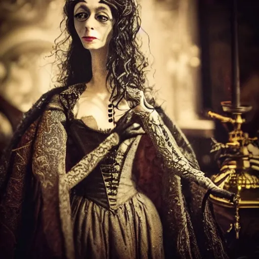 Image similar to photo taken of an epic intricate, ultra detailed, super realistic stop motion puppet of a majestic gracious regal aristocratic vampire in a gothic victorian filmset studio created by weta workshop and directed by tim burton, menacing, close up shots, photorealistic, sharp focus, gloomy, extremely cold blueish colour temperature, 3 5 mm, f 1. 4