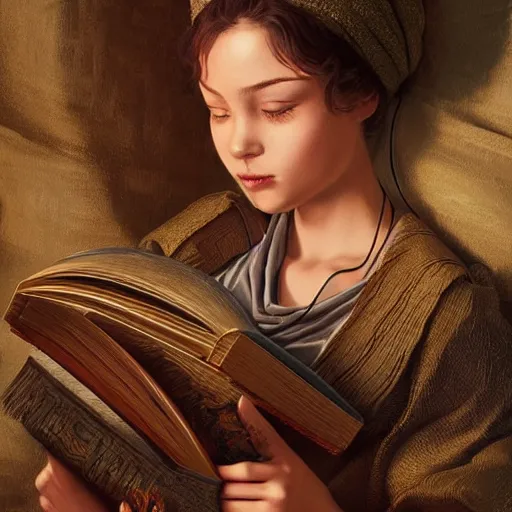 Image similar to village girl reading a book, cinematic, intricate, elegant, highly detailed, digital painting, artstation, concept art, smooth, sharp, focus, illustration, art by artgerm and Johfra Bosschart