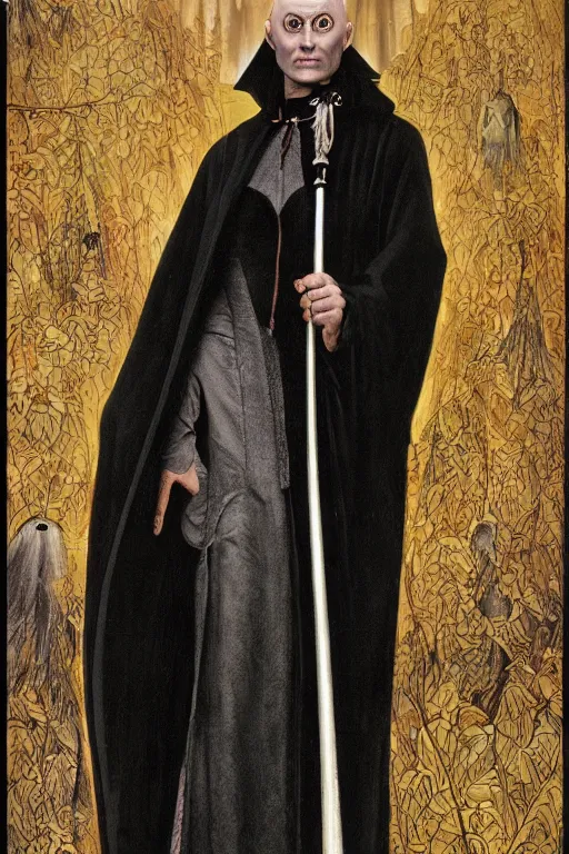 Image similar to a bald vampire wearing a long black robe with large bat ears huge black eyes and gray skin, character art, painting by james c christensen