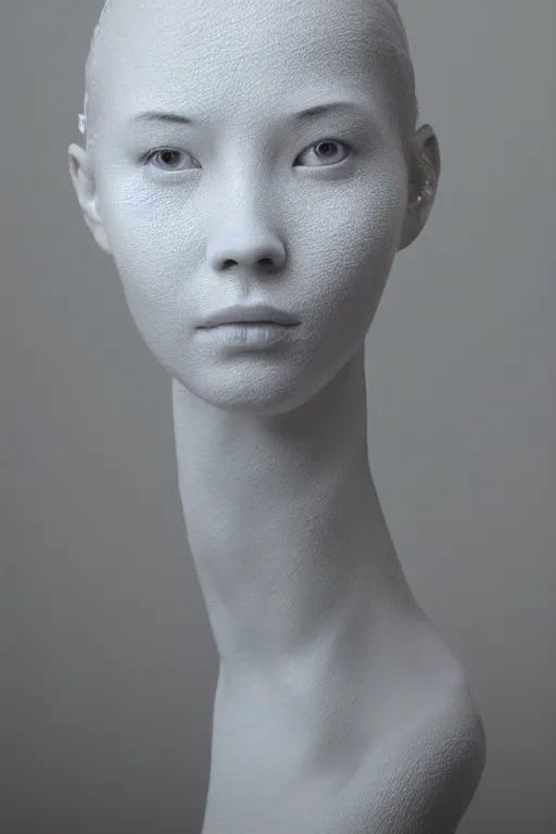 Prompt: ! dream full head and shoulders, beautiful porcelain female person, mixed with frog spawn eyes, smooth, delicate facial features, white detailed eyes, white lashes, by daniel arsham and james jean